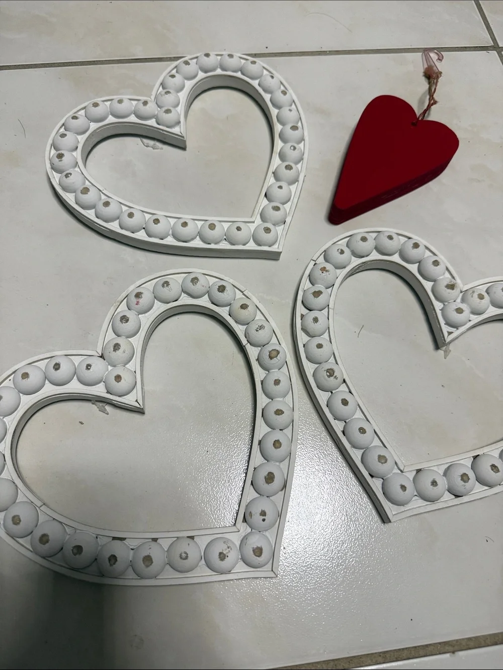 White Beaded Heart Wall Decor Set with Red Accent Heart